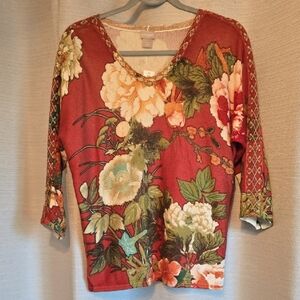 Chico's Red Floral Long Sleeve Top